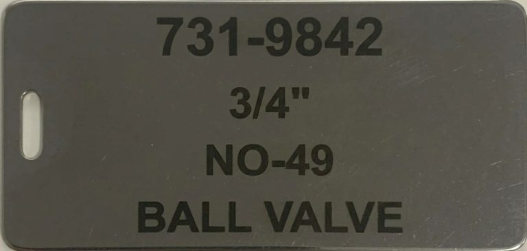 Laser-engraved stainless steel valve tag with a chain slot, reading 731-9842, 3/4 inch, NO-49, BALL VALVE